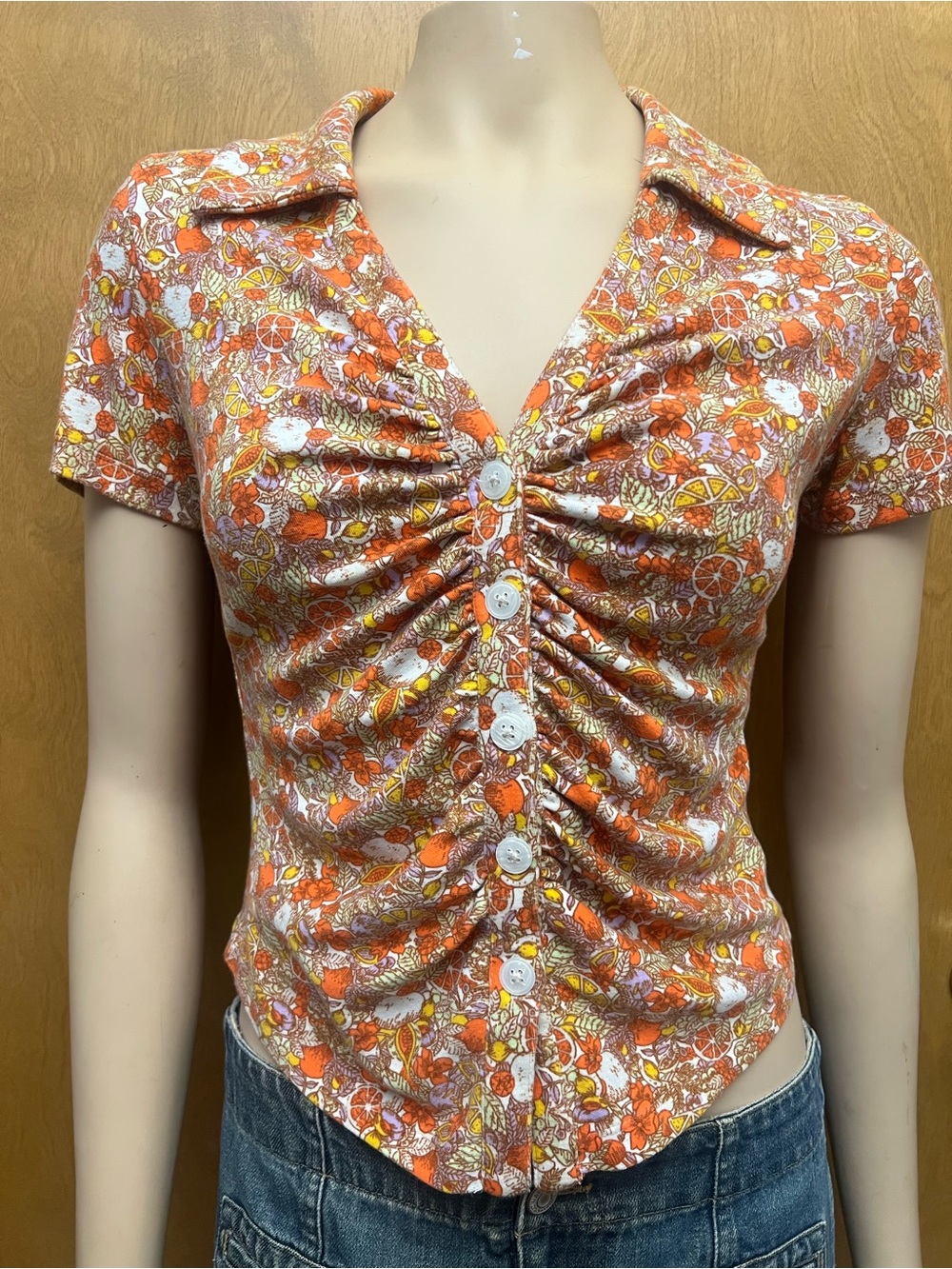 Anthropologie Maeve Ruched Button-Front Citrus/Floral Top, seen on General Hosp! - Picture 4 of 16